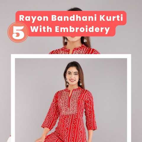 Rayon Bandhani Kurtis With Embroidery