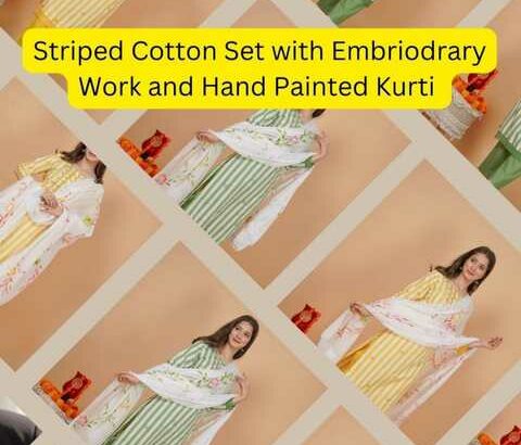Striped Cotton Set with Embriodrary Work and Hand Painted Kurtis
