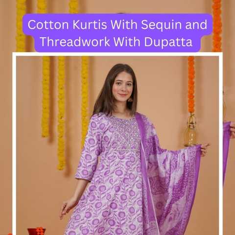 Cotton Kurtis With Sequin and Threadwork