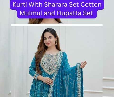 Kurti With Sharara Set Cotton Mulmul and Dupatta Set (1)