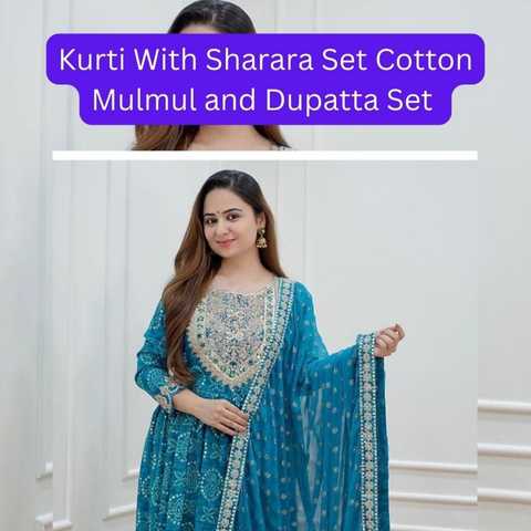 Kurti With Sharara Set Cotton Mulmul and Dupatta Set (1)